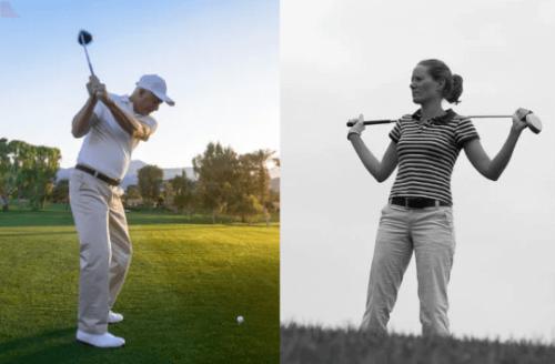 Side-by-side images of a senior golfer making a golf swing and another golfer using her club to stretch her shoulders.