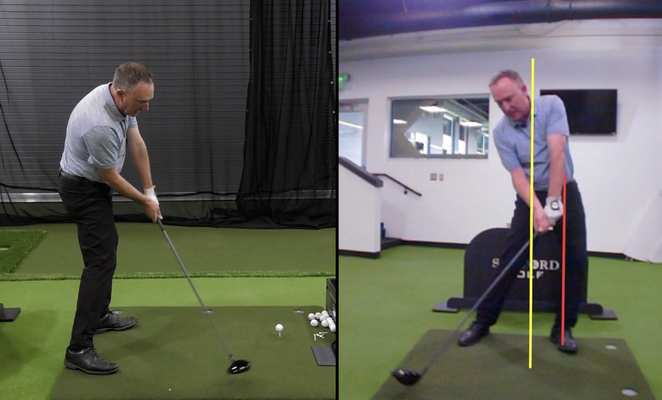 Man practicing his swings on an indoor golf course